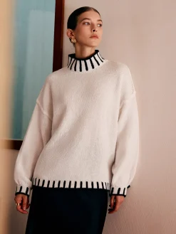 Outlet Stand Collar Embroidered Trim Sweater Knitwear|Tops