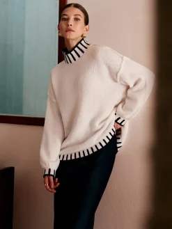 Outlet Stand Collar Embroidered Trim Sweater Knitwear|Tops