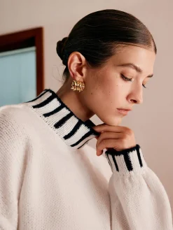 Outlet Stand Collar Embroidered Trim Sweater Knitwear|Tops
