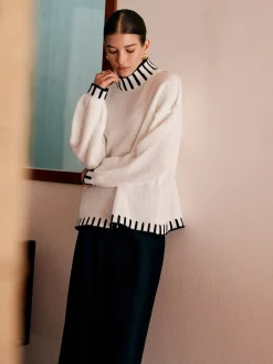 Outlet Stand Collar Embroidered Trim Sweater Knitwear|Tops