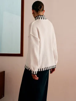 Outlet Stand Collar Embroidered Trim Sweater Knitwear|Tops