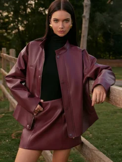 New Stand Collar Faux Leather Zipper Jacket Outerwear|Matching Sets