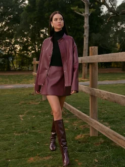 New Stand Collar Faux Leather Zipper Jacket Outerwear|Matching Sets