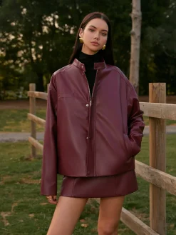 New Stand Collar Faux Leather Zipper Jacket Outerwear|Matching Sets