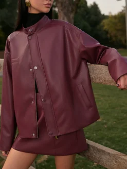 New Stand Collar Faux Leather Zipper Jacket Outerwear|Matching Sets