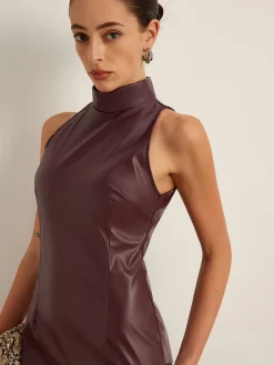 Hot Stand Collar Faux Leather Skinny Tank Dress Dresses