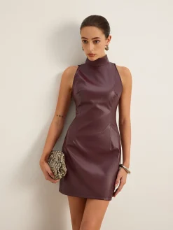 Hot Stand Collar Faux Leather Skinny Tank Dress Dresses