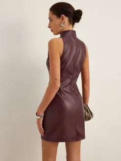 Hot Stand Collar Faux Leather Skinny Tank Dress Dresses