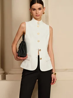 Online Stand Collar Golden Button Vest Outerwear|Vests