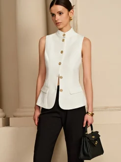 Online Stand Collar Golden Button Vest Outerwear|Vests