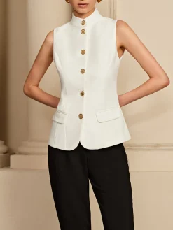 Online Stand Collar Golden Button Vest Outerwear|Vests