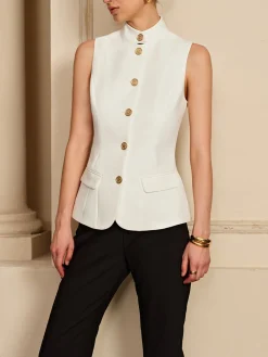 Online Stand Collar Golden Button Vest Outerwear|Vests