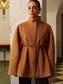 Clearance Stand Collar Lariat-Belted Warm Cloak Outerwear|Tops