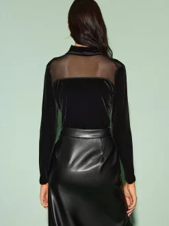 New Stand Collar Mesh-Detail Velvet Top Tops