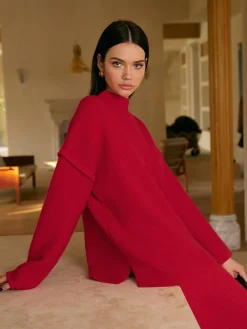 Discount Stand Collar Plain Shift Sweater Knitwear|Matching Sets
