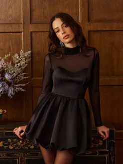 Hot Stand Collar Pleated Mesh Panel Dress Dresses