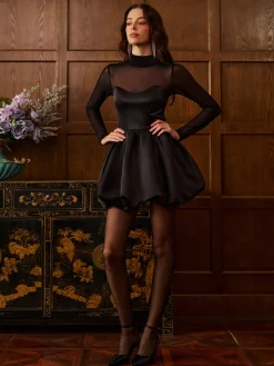Hot Stand Collar Pleated Mesh Panel Dress Dresses