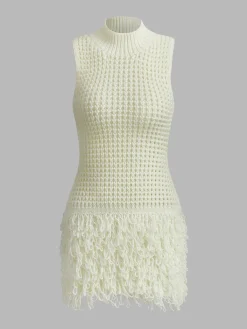 Sale Stand Collar Tassel Knit Dress Sweater Dresses|Cocktail & Party Dresses