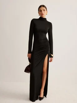 Clearance Stand-Collar Pleated Slit Jersey Dress Black Dresses|Cocktail & Party Dresses
