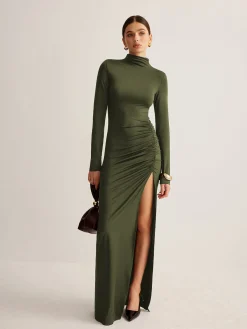 Clearance Stand-Collar Pleated Slit Jersey Dress Black Dresses|Cocktail & Party Dresses