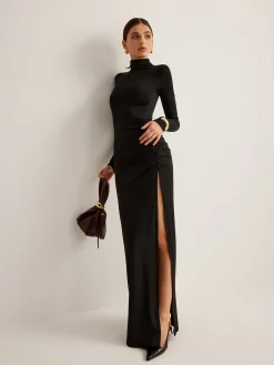 Clearance Stand-Collar Pleated Slit Jersey Dress Black Dresses|Cocktail & Party Dresses