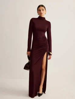 Clearance Stand-Collar Pleated Slit Jersey Dress Black Dresses|Cocktail & Party Dresses