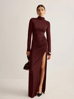 Online Stand-Collar Pleated Slit Jersey Dress Cocktail & Party Dresses|Long Dresses