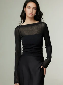 Hot Straight Neck Slim Jersey Top T-shirts|Tops