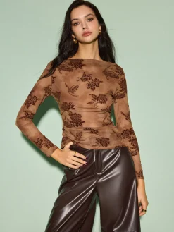 Outlet Straight Neck Velvet Floral T-Shirt Tops