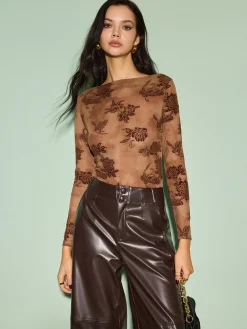 Outlet Straight Neck Velvet Floral T-Shirt Tops