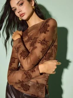 Outlet Straight Neck Velvet Floral T-Shirt Tops