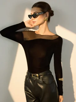 Discount Straight Shoulder Sheer-Detail Slim Top Blouses & Shirts|Tops