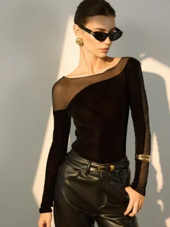 Discount Straight Shoulder Sheer-Detail Slim Top Blouses & Shirts|Tops