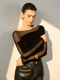 Discount Straight Shoulder Sheer-Detail Slim Top Blouses & Shirts|Tops