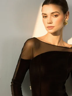 Discount Straight Shoulder Sheer-Detail Slim Top Blouses & Shirts|Tops