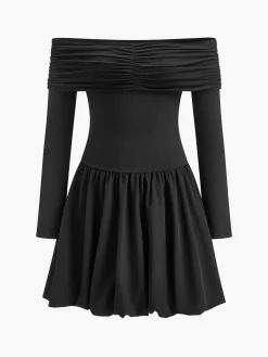 Straight-Shoulder Bud Waist Jersey Dress Black Dresses|Cocktail & Party Dresses