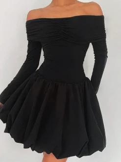 Straight-Shoulder Bud Waist Jersey Dress Black Dresses|Cocktail & Party Dresses