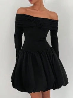 Straight-Shoulder Bud Waist Jersey Dress Black Dresses|Cocktail & Party Dresses
