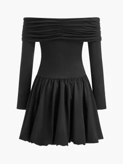 Straight-Shoulder Bud Waist Jersey Dress Black Dresses|Cocktail & Party Dresses