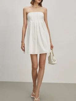 Outlet Strapless Pleated Short Dress White Dresses|Vacation Dresses