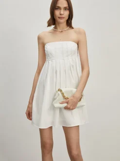Outlet Strapless Pleated Short Dress White Dresses|Vacation Dresses