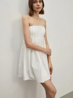Outlet Strapless Pleated Short Dress White Dresses|Vacation Dresses