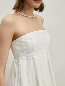 Outlet Strapless Pleated Short Dress White Dresses|Vacation Dresses