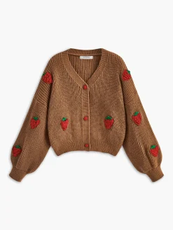 Hot Strawberry Embroiled Button Cardigan Cardigans|Sweaters & Cardigans