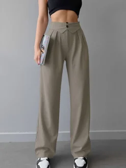 Street Fold Over Waistband Straight Leg Dress Pants Pants|Bottoms