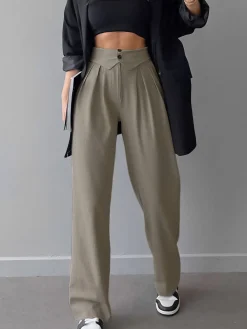 Street Fold Over Waistband Straight Leg Dress Pants Pants|Bottoms