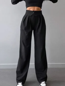 Street Fold Over Waistband Straight Leg Dress Pants Pants|Bottoms