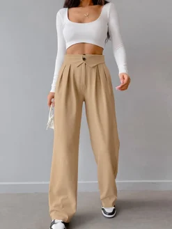 Street Fold Over Waistband Straight Leg Dress Pants Pants|Bottoms