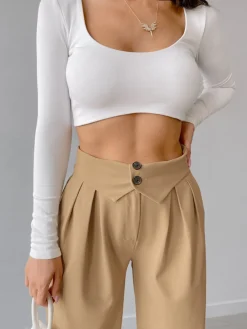 Street Fold Over Waistband Straight Leg Dress Pants Pants|Bottoms