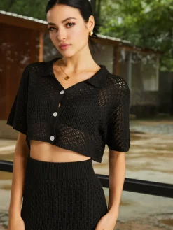 Discount Stretch Crochet Button Skirt Set Sweater Tops|Skirts